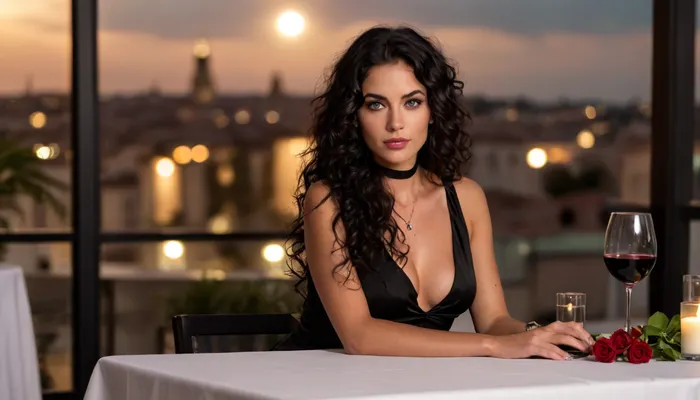 Masterpiece, POV, side view, French 30 years old woman, ((Very long curly black hair)), green eyes, sexy, seductive face, tanned, pov, heavy eyeliner, ((deep cleavage black cocktail dress, black choker)), ((glass of red wine on the table)), high end rooftop restaurant table with flowers and white tablecloth, night, tropical beach, moon light, candles, ((stunning eyes)), long necklace, <lora:style_lora_realis:.8>