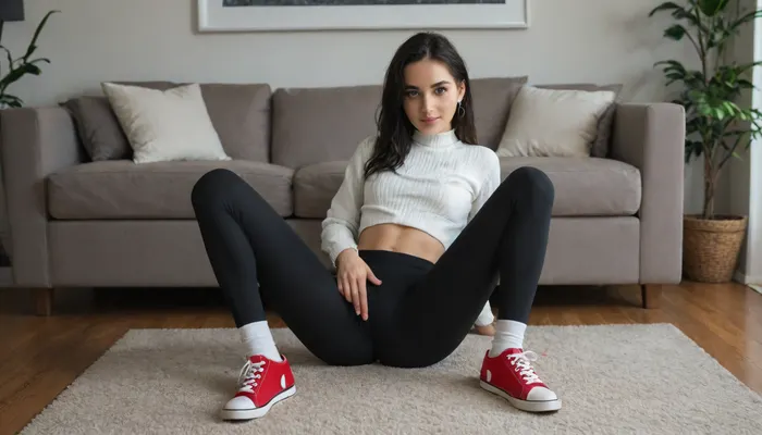 Detailed livingroom, furniture, plants, pictures, TV on, showing porn-movie, 1girl, 18yo, small tits, cute face, detailed eyes and face, ear piercing, petite body, small face, cute, goth girl, innocent, shy, long black hair, blue stripes, long legs, black silky low waist yoga pants, short white knitted sweater, exposed bellybutton, thin waist, legs apart, slim ass, white socks, red Converse hightop sneakers, sitting, feet up on leather couch, looking at viewer invitingly, horny smile.