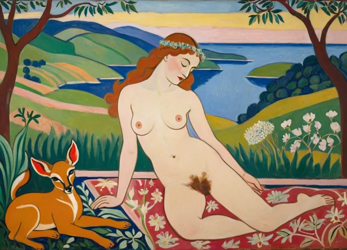masterpiece, full color image, 8K quality, "Nymph and Satyr" by Henri Matisse, created in 1909.A fawn catching a nymph by surprise, the painting depicts naked bodies against a landscape background. The yellow-green plane of the earth in the foreground flows into the soft shapes of the hills in the background, their contours outlined by dark green lines. The aquamarine line of the reservoir separates the plans, from where, apparently, the nymph came out, to which the satyr lustfully rushes, the reddish color of the latter's body and the pale pink flesh of the nymph contrast sharply with the colors of the surrounding landscape. Laconism and graphicity in the drawing of figures evoke images from ancient vase painting and enhance the dramatic effect inherent in the expressive poses of the characters in the painting. The painting is painted with oil paints.is enhanced by the light, which gives almost no shadows. The painting is made with oil paints
