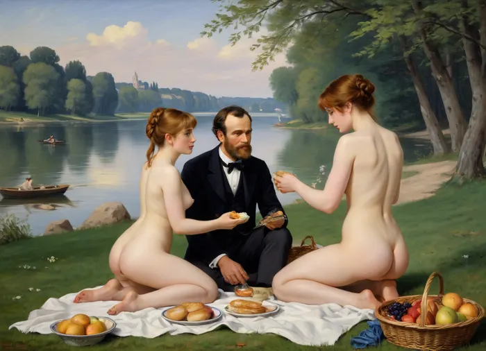 masterpiece, full color image, 8K quality, "Breakfast on the grass"— a painting by the French artist Edouard Manet, painted in 1863. two fully clothed men with a naked beautiful woman and a bathing girl in the background in nature, a naked woman shamelessly looks directly at the viewer, the style of the painting breaks with the academic traditions of the time. The harsh "photographic" light eliminates semitones, and the men are dressed like dandies. They're so engrossed in the conversation that they don't seem to notice the women at all. In front of them lies discarded women's clothes, a fruit basket and round bread. In the background, a second woman in light clothes washes in the river. The painting puzzles with the "wrong" perspective, an excessively large female figure in the background in an autonomously illuminated, unreal space. The background of the painting lacks depth, giving the impression that the whole scene is not taking place in nature, but in a studio. This impression is enhanced by the light, which gives almost no shadows. The painting is made with oil paints