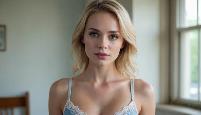 Cute, female, hot, rectangular thin face with wide, protruding cheekbones, Highlighted blonde hair, lace white bra, blue jeans