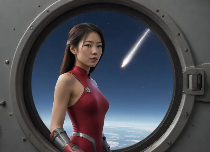 (masterpiece), (best quality), (photorealism:1.2), (ultra-detailing), (high resolution), (volumetric lighting), (intricate detail), full frame, (cyborg asian woman:1.6), standing in an observatory near a spaceship porthole and, (look at a flying comet:1.7), (flying comet in space seen through a porthole:1.7), natural realistic lighting