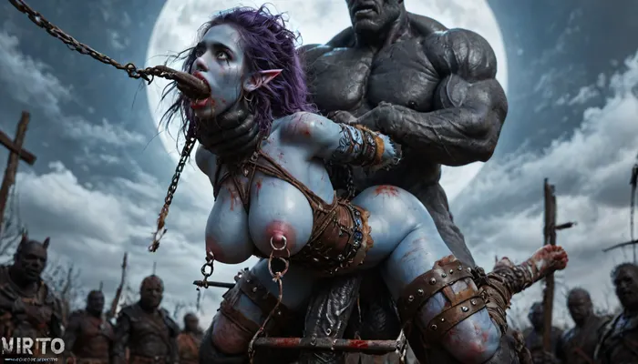 ((female drow elf barbarian, (dark night blue skin:1.82), tall, angry, busty, curvy, thin waist, big boobs, big butt, slim, fit, vitiligo, strong, fur pelt armor, dungeons and dragons, purplish blue skin, black and purple hair)), Dark, Elf, Warrior, Drow, tattooed, scarred, purple eyes, blue skin, amazon, giant, fur barbarian armor, bloody, blood spatter, bear, bear heart, (in a bloody filed after a battle, white full moon in the sky:1.4), (large heavy nipple rings:1.5), (leg spreader bar:1.2), (man is choking her from behind:1.4), ((hogtied, bound with large chains, tied to a torture table:1.3)), cock in mouth, (brutal face fuck), Blowjob, (tears in eyes:1.5), (running makeup), (cum drips from nose:1.3), (cum drips from mouth:1.3), ultra hd, photorealistic, hyper gigantic large black cock in mouth, (((hyper gigantic large black cock in mouth:1.3))), oral cream pie, hair grab, sad, sad crying, tongue out, gasping for air, zavy-brbrn, gangbang, double anal penetration, anal spitroast, groupsex, deepthroat, (4 gigantic African black brute thug, huge trunklike arms, huge head, hyper muscular body, dressed in slave clothes:1.36), (gigantic African black brute thug, gangbang, double anal, anal spit roast, double penetration:1.14), ((hogtied, bound for sex, tied up)), (gigantic large white cock in mouth:1.3), (pulled nipples:1.2), nipple clamps, (((spit roast))), (((hyper large cock in mouth:1.3))), screaming, shocked, deep anal penetration, Uber realistic, 8k, ultra detailed, masterpiece, 35mm photograph, film, professional, 4k, 1girl, 5 boys, hdr, photographic, ultra realistic, ultra high details, back light, (dynamic pose), best quality, anal sex, with large muscular black men, gargantuan black cocks, anal sex expansion, large hyper muscular fat old men, (double anal sex), swollen white veiny cocks, (double anal penetration), hardcore double penetration, proper physics, big white cocks, muscular white double anal gangbang, (forceful penetrations), extremely graphic, massive cum in ass defeating a woman in combat, fighting, killing, blood, winning fight, magazine cover, Realism_Quality_2xx_By_Stable_Yogi, score_9, score_8_up, score_7_up, (((very pretty face:1.3))), (((extremely ultra detailed face:1.3))), perfect fingers and hands, (extreme size difference:1.6), (ultra realistic), (maximum quality), (high resolution), (extreme detail), (ultra realism), UHD, super high quality, big black cocks, muscular black interracial gangbang, tongues out, hdr. full body, ((lauging insane, looking at viewer, big grin:1.5)), (((aerial view))), zavy-brbrn-sdxl, 2>, <lora:detailed_notrigger:2>, <lora:CinematicStyle_v1:2>, <lora:MJ52:2>, <lora:zavy-brbrn-sdxl:2>, <lora:LCMTurboMix_Euler_A_fix:2>
