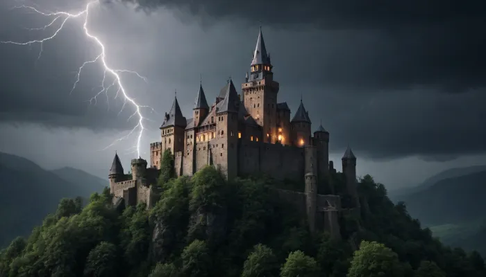 A huge menacing eerie and creepy medieval castle sits atop the mountain. It exudes a sinister appearance. moonlight shines upon its medieval walls. it is surrounded in dense heavy fog. a cold and unsettling silence lingers in the air. Every brick is visible, mountainous terrain, (heavy thunderstorm:1.7), (pouring rain:1.4), (intricate detail:1.6), uhd 8k, masterpiece, best quality, award winning photo, beautiful artwork, dark atmosphere, hvrn, heavy, rain, <lora:607315_training_data:1.9>