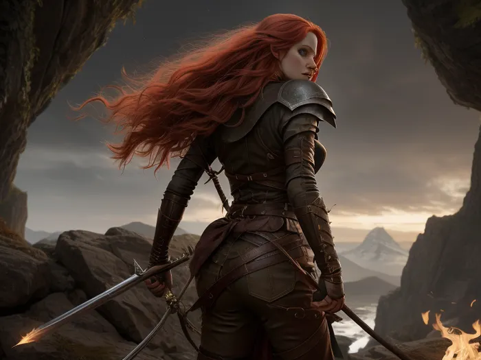 Setting, against the wall is a giant gaping vagina that resembles the opening to a cave in a mountainside.

25 y/o elven rogue, (long red hair blowing in the wind), (torch in right hand illuminating path into the gaping vagina), view from behind, fully clothed in roguish outfit with daggers a quiver and bow leather armor, HD, 8k, hdr, high quality, hi-resolution, extreme detail