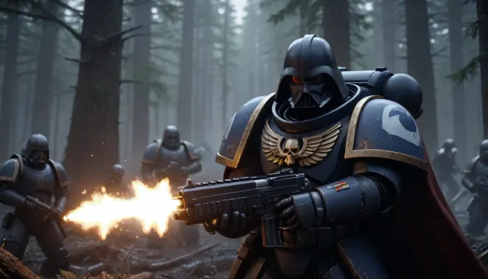 Darth Vader in a space marine's power armor on the battlefield, fighting against Wookiee in the Star Wars forest, Knight, black colourful armor, black hood, holding, bolter, power, primaris, helmet, with defeated Wookiees in the background, <lora:primaris_marine-knight_armor-000007:.8>