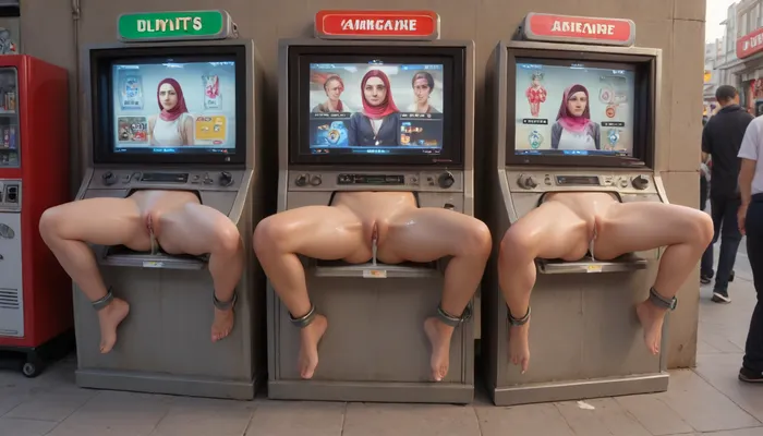 score_9, score_8_up, score_7_up, score_6_up, (lineup of sluts stuck in round opening in machines with metal rim:1.3), (spread legs restrained with thick metal rim:1.1), oiled skin, ripped white clothes, after sex, trembling, {{steamy pussy}}, cum in pussy, cum inside, cum leaking out of pussy, cum on ass, excessive cum, pussy juice dripping down to the floor, (big photo of her face on the screen of the machine:1.5), {{trembling}}, rolled up her skirt, glory wall, leaking cum, steamy pussy, (object), public display public, (use pussy stuck hole in arcade machine), (arcade machines lined up), (arcade gaming hall), wall writing, concrete wall, Muslim girl, pink hijab, (evenly spaced out lineup of free-standing metal boxes), (evenly spaced out stand-alone full-height metal boxes), (vintage vending machines on public street, pedestrians walking by:1.3)