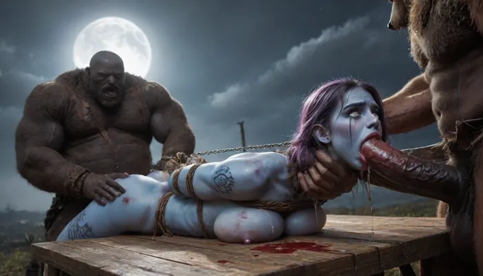 female drow elf barbarian, (dark night blue skin:1.82), tall, angry, busty, curvy, thin waist, big boobs, big butt, slim, athletic, fit, vitiligo, strong, fur pelt armor, dungeons and dragons, purplish blue skin, black and purple hair, Dark, Elf, Warrior, Drow, tattooed, scarred, purple eyes, uberfit, muscular, blue skin, amazon, giant, fur barbarian armor, bloody, blood spatter, bear, bear heart, (in a bloody filed after a battle, white full moon in the sky:1.4), (man is choking her from behind:1.4), ((hogtied, bound with large chains, tied to a torture table:1.3)), cock in mouth, (brutal face fuck), Blowjob, (tears in eyes:1.5), (running makeup), (cum drips from nose:1.3), (cum drips from mouth:1.3), ultra hd, photorealistic, hyper gigantic large black cock in mouth, (((hyper gigantic large black cock in mouth:1.3))), oral cream pie, hair grab, sad, sad crying, tongue out, gasping for air, zavy-brbrn, gangbang, double anal penetration, anal spitroast, groupsex, deepthroat, (4 gigantic African black brute thug, huge trunklike arms, huge head, hyper muscular body, dressed in slave clothes:1.2), ((hogtied, bound for sex, tied up)), (eyes wide open in horror:1.72), (wide mouth spreader:1.8), (pleading expression:1.56), (terrified:1.48), (crying:1.48), (fear and panic:1.56), (pulled nipples:1.2), nipple clamps, (((spitroast))), (((hyper large cock in mouth:1.3))), shocked, deep anal penetration, Uber realistic, 8k, ultra detailed, masterpiece, arched back, detailxl, 35mm photograph, film, professional, 4k, 1girl, 5 boys, hdr, photographic, ultra realistic, ultra high details, back light, best quality, with large muscular black men, gargantuan black cocks, anal sex expansion, large hyper muscular fat old men, (double anal sex), swollen white veiny cocks, (double anal penetration), hardcore double penetration, proper physics, big white cocks, muscular white double anal gangbang, (forceful penetrations), extremely graphic, shocked expression, beautiful hands, massive cum in ass, defeating a woman in combat, fighting, killing, blood, winning fight, magazine cover, Realism_Quality_2xx_By_Stable_Yogi, score_9, score_8_up, score_7_up, (((very pretty face:1.3))), (((extremely ultra detailed face:1.3))), perfect fingers and hands, upper body view, (extreme size difference:1.6), (ultra realistic), (maximum quality), (high resolution), (extreme detail), (ultra realism), UHD, super high quality, highly detailed, high resolution, perfect lighting, natural lighting, (dynamic pose), (dynamic angle), (random angle), (random pose), (dynamic view), (random view), volumetric lighting, golden hour lighting, dramatic shadows, rich details, nature-inspired color palette, <lora:Dark_Elf_Warrior:1.3>, <lora:Drow:1.3>, <lora:339100_training_data:1.3>, <lora:uberfit_lora_sdxl:1.3>, <lora:zavy-brbrn-sdxl:1.3>