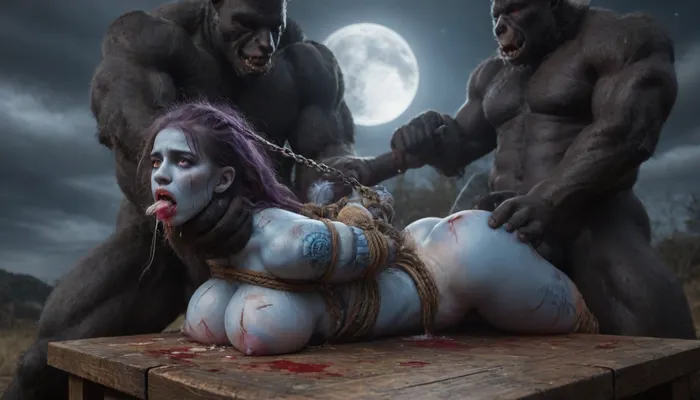 female drow elf barbarian, (dark night blue skin:1.82), tall, angry, busty, curvy, thin waist, big boobs, big butt, slim, athletic, fit, vitiligo, strong, fur pelt armor, dungeons and dragons, purplish blue skin, black and purple hair, Dark, Elf, Warrior, Drow, tattooed, scarred, purple eyes, uberfit, muscular, blue skin, amazon, giant, fur barbarian armor, bloody, blood spatter, bear, bear heart, (in a bloody filed after a battle, white full moon in the sky:1.4), (man is choking her from behind:1.4), ((hogtied, bound with large chains, tied to a torture table:1.3)), cock in mouth, (brutal face fuck), Blowjob, (tears in eyes:1.5), (running makeup), (cum drips from nose:1.3), (cum drips from mouth:1.3), ultra hd, photorealistic, hyper gigantic large black cock in mouth, (((hyper gigantic large black cock in mouth:1.3))), oral cream pie, hair grab, sad, sad crying, tongue out, gasping for air, zavy-brbrn, gangbang, double anal penetration, anal spitroast, groupsex, deepthroat, (4 gigantic African black brute thug, huge trunklike arms, huge head, hyper muscular body, dressed in slave clothes:1.32), ((hogtied, bound for sex, tied up)), (eyes wide open in horror:1.72), (wide mouth spreader:1.8), (pleading expression:1.56), (terrified:1.48), (crying:1.48), (fear and panic:1.56), (pulled nipples:1.2), nipple clamps, (((spitroast))), (((hyper large cock in mouth:1.3))), shocked, deep anal penetration, Uber realistic, 8k, ultra detailed, masterpiece, arched back, detailxl, 35mm photograph, film, professional, 4k, 1girl, 5 boys, hdr, photographic, ultra realistic, ultra high details, back light, gargantuan black cocks, anal sex expansion, large hyper muscular fat old men, (double anal sex), swollen white veiny cocks, (double anal penetration), hardcore double penetration, proper physics, big white cocks, muscular white double anal gangbang, (forceful penetrations), extremely graphic, shocked expression, beautiful hands, massive cum in ass, defeating a woman in combat, fighting, killing, blood, winning fight, magazine cover, Realism_Quality_2xx_By_Stable_Yogi, score_9, score_8_up, score_7_up, (((very pretty face:1.3))), (((extremely ultra detailed face:1.3))), perfect fingers and hands, upper body view, (extreme size difference:1.6), (ultra realistic), (maximum quality), (high resolution), (extreme detail), (ultra realism), UHD, super high quality, highly detailed, high resolution, perfect lighting, natural lighting, (dynamic pose), (dynamic angle), (random angle), (random pose), (dynamic view), (random view), best quality, volumetric lighting, golden hour lighting, dramatic shadows, rich details, nature-inspired color palette, (above view:1.7), <lora:Dark_Elf_Warrior:2>, <lora:Drow:2>, <lora:339100_training_data:2>, <lora:uberfit_lora_sdxl:2>, <lora:zavy-brbrn-sdxl:2>