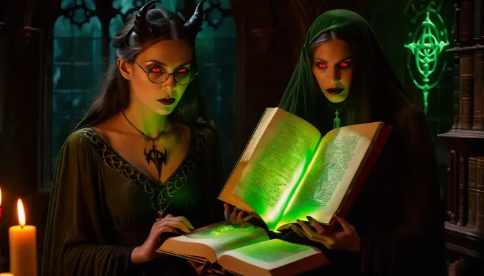 Dark fantasy art, (masterpiece:1.2), (high resolution:1.3), 8k, ((realistic detailed skin)), ((highly detailed eyes)), (medium shot), mysterious young librarian, (long straight black hair), (red glowing eyes:1.5), (black medieval clothing), off-the-shoulder blouse, round horn-rimmed glasses, black lipstick on her lips, black eyeshadow on her eyelids, black medallion with a pentagram around her neck, ((standing behind a very huge magical folio:1.3)), in a black binding made of human skin, lying on a reading stand, images of pentagrams and spell texts visible on the yellowed pages, (the book emits an ominous greenish glow, forming a demonic ghost above the girl's head:1.6), (the room is lit by dark red and black candles), gloomy lighting, Gothic interior, (narrow tall window with Gothic pattern), moonlight through the window, dusty wooden furniture, antique books, (the girl looks over her shoulder in fear:1.6), (atmospheric lighting), dramatic lighting, (soft lighting), focused lighting, deep shadows, sinister frightening atmosphere, (light reflecting from the eyes), octane render, artstation, deviantart, by Greg Rutkowski, by WLOP, (high quality:1.2), (soft focus), (glowing eyes)