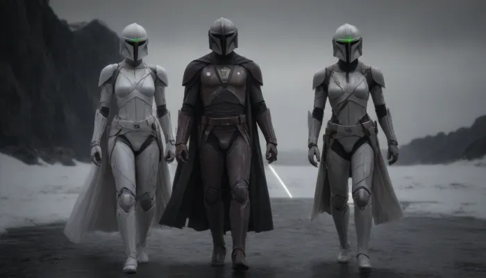 photorealistic, sci fi, star wars, (planet Hoth:1.8), (black snow-capped mountains in Hoth), (walking towards a ruined ship), fullbody, in side, 3 french woman, 3 men, (white luminous eyes:1.8), runing, extreme length braided white hair, (droid skin:2.1), armour, android, ((Dark Mandalorian:1.8)), (ciber templar:1.3), artiangel, (wearing a thick coat with white animal fur:1.8), white long lightsaber in right hand, (straight lightsaber:1.8), very, long, hair, hanging, dynamic, on, ground, bun, cover, General, Obi-Wan, Kenobi, cyber, templar, (side view), <lora:554328_training_data:.5>, <lora:verylonghairv2:.5>, <lora:565986_training_data:1.6>, <lora:CyberTemplarXL:1.2>