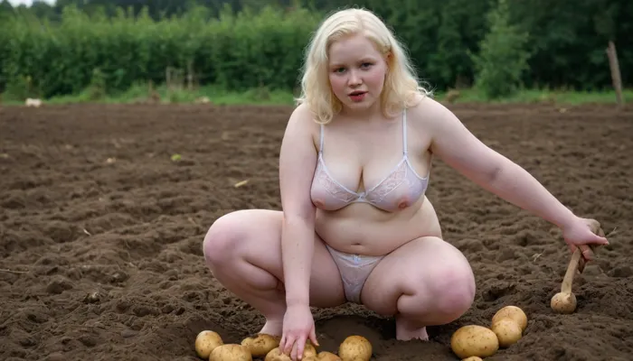 A captivating absolutely albino just 18-year-old 3-feet-height barely chubby woman, slightly smiling, in transparent lingerie on bare body, barefoot, harvests potatoes digging them out with a spade