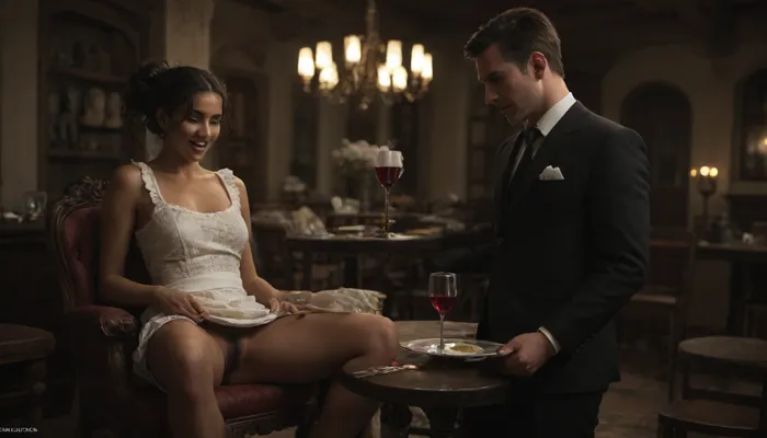Two people, a man and a woman, masterpiece, best quality, ultra HD, hyper-realistic, high res, ultra realistic 8k cg, The scene takes place on the patio of a 5 star hotel on a warm tropical evening, A petite 60 year old aging mature African lady with black hair styled with a pony tail and fringe, She is wearing a tight short satin floral Cheongsam dress, She has dark smooth skin, no panties, very seductive look, Hairy pussy, Laughing, (She is relaxing in a rattan chair), (A handsome man waiter holding a tray is serving her a glass of wine:1.1), It is nighttime and the patio is lit by a small candle on a nearby table, she is looking at the waiter, the waiter is standing wearing a white apron, <lora:dark:.5>