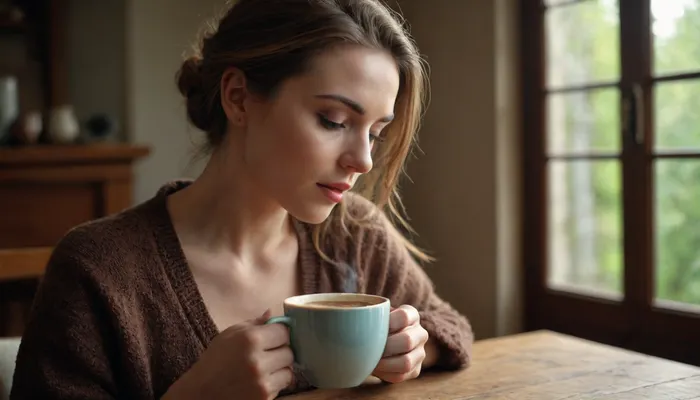 A very special scene, the beauty of a woman on her face while she feels the aroma of a freshly served coffee, a sensation of pleasure and spring beauty in her surroundings.