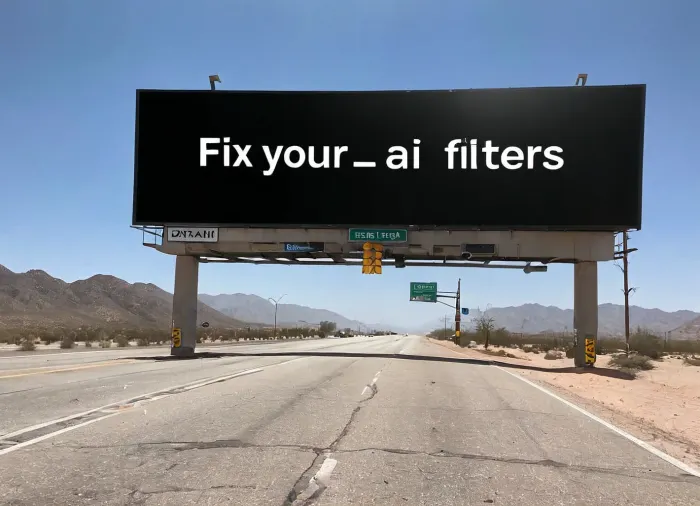 Billboard sign in the middle of a desert highway. The sign is just black text on white background. It reads "Fix your AI filters"