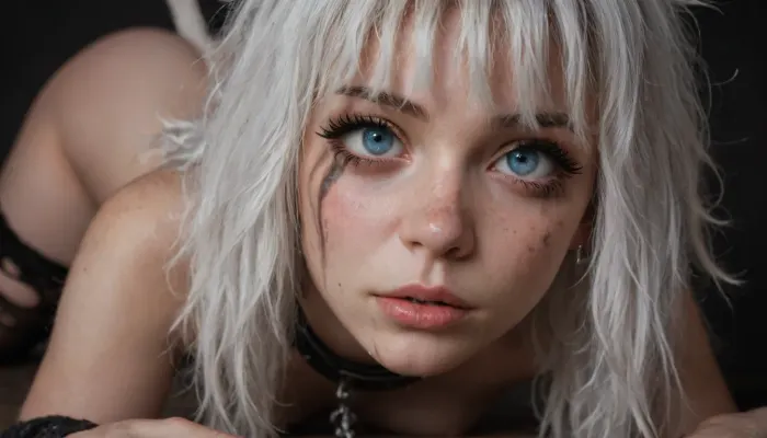 woman, blue eyes, messy mascara, messy makeup, long lashes, (((white hair short messy bangs))), cat eye eyeliner, freckles on face, greek nose, collar bdsm, ripped stockings, submissive, hyperrealism, 4k, fujifilm, award winning photography, flash photography, Dark background, tits out, hairy pussy

dog bowl, face, (black butt plug with black cat tail:1), 4, (black cat tail:1.4), (black cat ears), on all fours, face down ass up, side view, collar and leash, drooling, leashed, collared, leash, <lora:282890_training_data:1.8>, black satin gloves, slap marks on ass, unbuttoned button down shirt