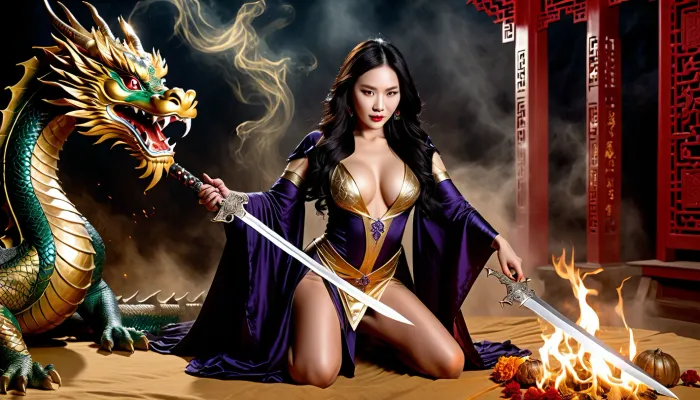 Dark Sacrifece, beautiful Chinese Witch in a traditional luxury sexy gold half transperent dress, with a very deep neckline, very slim body, big plump breasts, shaved pussy, very long wavy flowing hair, bright cat eyes, lied in the center of the great pentagram, ready for dark ritual, legs wide apart, 1man, middle aged man, ((dark wizard, have vaginal sex with witch)), (((dark wizard preparing to sacrifice witch front great chinese dragon))), ((((in the hands of the warlock is a ritual dagger)))), on the witch's face is an expression of wild lust and happiness smile, scream in ecstasy, want to be sacrificed, full body vision, side view
