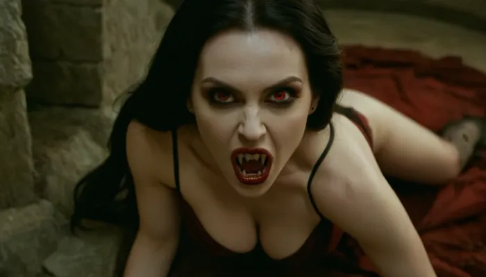 extreme close up on the face of a white woman with a demon face Vampire Fangs Teeth staring at camera, pale skin, slender, big tits, black hair, (shining red eyes), sexy tight black dress with cleavage, ((she is crouching over the neck of a corpse showing her impressive long fangs)), (she hisses at the viewer), in medieval castle, highly detailed, high budget, bokeh, cinemascope, moody, epic, gorgeous, film grain, grainy, ((<lora:vampire fangs teeth 2:1.5>))