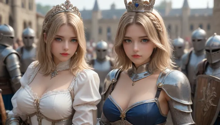 Sexy beautiful girl 18 years old, blonde hair, blue eyes, (big firm breasts:1.4), big lips, realistic facial features, Posing for the viewer, A crown with diamonds on her head, Knight's royal armor, Knight's Helmet, sword and shield, battlefield