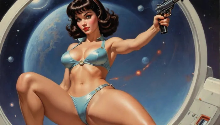 ((full body view, wide angle view)), NSFW, frank Frazetta sketch of Vintage science fiction paperback poster, (dark brown hair, Latina, bangs), cleavage, pinup, glass, propaganda, JC Leyendecker, Ron Cobb, Norman Rockwell, 1960s PULP, triadic Colors, 1930s advertisement, space age, raygun, forbidden planet