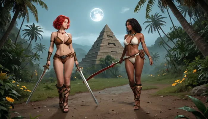 Two beautiful female warriors in sexy bronze armor, (Amazon with a medium breasts, long red hair), (African black ebony warrior, with huge breasts, short curly black hair), fight each other to death, The Amazon is armed with a long sword, the African is armed with a spear, jungle, night, (pyramids on background), many tropical glowing flowers, on the bank of a stream, full moon, full body view