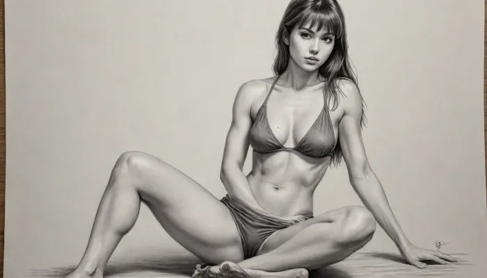 a drawing of a stunning muscular woman, sitting with arched back resting on hands behind her, brunette with a fringe, one piece sarong, realistic proportions, perfect anatomy, long hair, cut leg, skin exposure, detailed but rough, sketches, detailed sketch, rough sketch, old sketch, sketch art, detailed penciling, matte sketch, highly detailed sketch, sketches wide angle view, realism, PEPencilDrawing, charcoal, drawing, <lora:PE_PencilDrawing:.5>, <lora:EldritchCharcoalXL1.1:2>