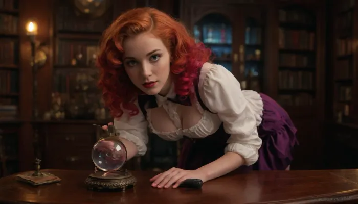 masterpiece, best quality, view from side, steampunk scene, magic, fantasy young slender female scientist, 23 years old, curly strawberry-blonde hair, wearing a red burlesque corset over a puffy white blouse and an uplifted black short skirt revealing a dark purple thong, leaning forward over a research table, (holding a colorful glimmering magnifying glass:1.5), (looking through it at a radiating crystal ball on the table:1.4), . The steampunk room is filled with books and laboratory devices