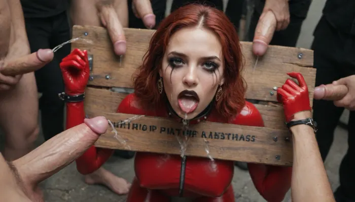 best quality, ultra-detailed, masterpiece, photorealistic, finely detailed, highres, hyper-realistic details, full body, wide angle, yellow ball gag, wide open mouth, 19 years old red goth girl's head with masses of cum trapped in pillory, label on pillory "fuck me", elongated face with ballgag, large face with ball gag, large masses of cum, lots of cum, thick black lipstick, ruined black makeup, long bright red hair with much volume, detailed face, detailed natural eyes, detailed natural hands, slutty smeared makeup, ruined makeup, perfect hands, perfect fingers, perfect anatomy, emormously large breasts in red skin-tight see-through shoulder-free latex full-bodysuit, plaited linen top, cum on girl, red leather slave collar, blue leather cuffs, silver arm-long gloves, surrounded by men with erected pissing penises pissing big arcs of yellow piss, penises pissing, pissing, penises ejaculating cum, masses of cum, cum everywhere, excessive piss, piss everywhere, used comdoms