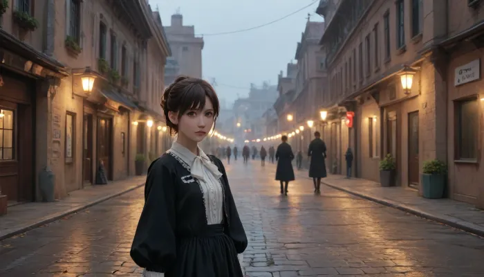 (anime drawing:1.6), (Makoto Shinkai style:1.6), (sharp lines, flat colors:1.6), (fantasy art, artwork, digital painting, concept art), Victorian epoch, Victorian entourage, city at night, desert streets, empty streets, fog, gas lanterns, (anime inspired background:1.6)
