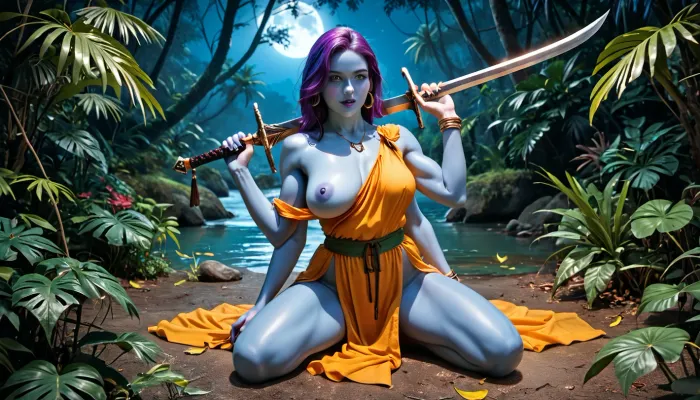 photorealistic image, 8K quality, night, the jungle of an alien world, plants neon glow in all colors of rainbow, on the bank of a stream, (a beautiful sexy alien woman with blue skin, four arms), very large sagging breasts and very long purple hair, dressed in a translucent short tunic that leaves one shoulder and one breast bare, a woman is kneeling in front of a huge, very muscular warrior with dark blue skin, sucking the warrior’s giant dick, in the warrior’s hand is a long sword, full body in frame, <lora:fantasy_toga_sdxl_v2.3:.5>