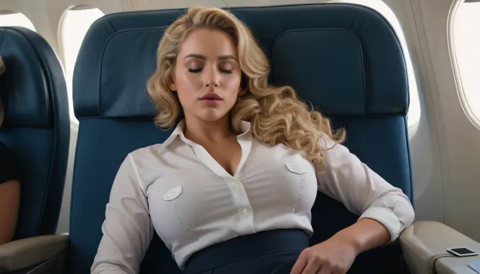 college student, sleeping in an airplane wearing a travel pillow, business suit, pencil skirt, reclined, head titled to side, perfect features, curly blonde hair in a pony tail, big ass, large breasts, thick eyebrows, dark eye shadow, mouth open, woozy, tired, half asleep, intense tan skin, glowing skin, thick thighs, fit, low angle shot, full body, full body view, zoomed out