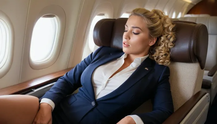 college student, sleeping in an airplane, business suit, pencil skirt, reclined, head titled to side, perfect features, curly blonde hair in a pony tail, big ass, large breasts, thick eyebrows, dark eye shadow, mouth open, woozy, tired, half asleep, intense tan skin, glowing skin, thick thighs, fit, low angle shot, full body, full body view, zoomed out