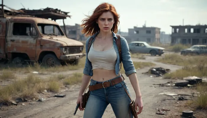 `Post-apocalyptic wasteland with crumbling city ruins overgrown with weeds, cracked asphalt road littered with abandoned rusty cars, (broken windows, decayed interiors), a desert ranger woman in tattered dusty clothing, (frayed leather straps, torn fabric belts, weathered boots, dirt-smudged skin), searches through the wreckage with fierce amber eyes and wind-tousled auburn hair, her practical yet ragged attire subtly accentuating her curves, desolate field stretching to the horizon under a foggy sky, distant zombies shambling near collapsed buildings, 8k resolution, hyperrealistic details, cinematic HDR lighting, anti-aliasing, depth of field focusing on her determined expression and the debris, (bent metal, scattered papers), photorealistic textures, (rust, cracked concrete, weathered surfaces), ray-traced shadows, volumetric fog, ambient occlusion, cold blue-gray color grading with muted accents, lossless PNG format, no pixelation, no compression artifacts.`