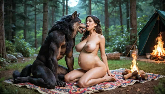 fullcolor image, photorealistic image, 8K quality, only one woman, one boy, Middle Ages, night, edge of the forest, site of a gypsy camp, bonfire, Mature pregnant gypsy woman, skinny, perfect teeth, long black hair, green eyes, big long havy saggy tits, Super Gigantic Immense Huge World's Largest Breasts, milk dripp from nipples, gypsy revealing multicolor dress, bare tits, ((have sex with werewolf)), werewolf fuck her, full body view, Detailed drawing of details of a beautiful face, oral sex, blowjob, full body in frame