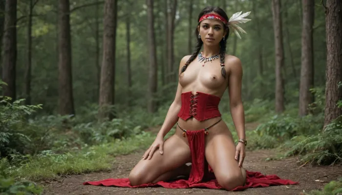 full body view, wide angle, NSFW, UHD 8k, side view, in forest, 30 year old woman, (kneeling:1), tanned skin, native american, long dark hair, (styled with braids), perfect body, curvy body, natural small tits, (wearing a sexy fur corset), wearing red thin woven forehead headband, feathers in hair, (wearing a fur loincloth), a big blue necklace with saphir, wearing feathers as a pendant, hip cocked, demure, low cut, red lace, detailed skin, matte skin, sexy, skinny body, topless, (naked pussy), perfect hands, five fingers., <lora:edgGarterbelt_MINI:.5>, <lora:flat_chested_v3.5:.5>