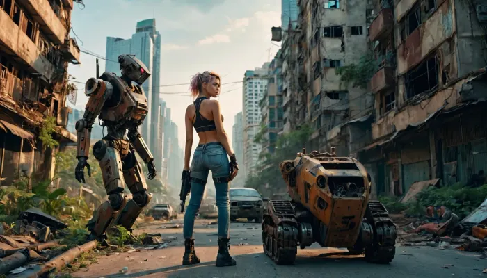 Resilience amidst ruins: a punk girl and her hk robot companion navigate a post-apocalyptic sunset city