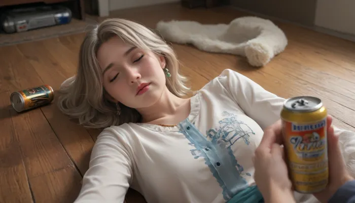 POV, entering a small apartment, milf, lying on the ground, asleep, passed out, drunk, beer cans on the floor