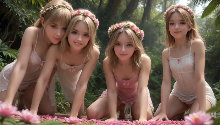 russian 18. three woman, long blonde hair, smiling face, kneels on all fours, view from below, jungle, pink flower crown, Long, Labia, Meaty, <lora:260797_training_data:.5>, flat, chested, <lora:flat_chested_v3.5:.5>, lift up, sheer, diaphanous, dress, <lora:xl_diaphanous_dress-1.0:.5>, cum, in, cumdrip, <lora:sdxl-creampie-v02-e99:.5>