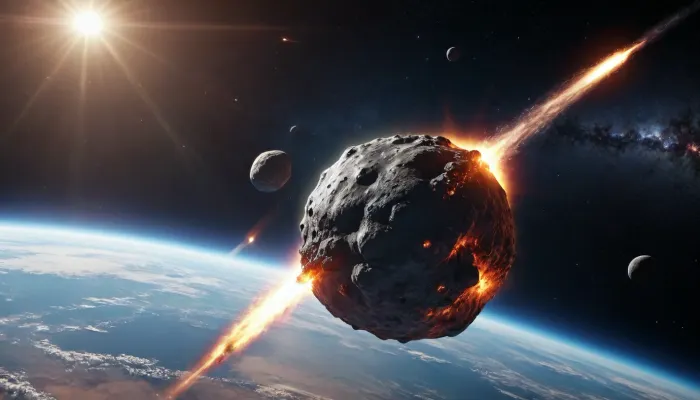 Space, planet Earth, a huge meteor is flying towards Earth, ultra realistic image, 8K