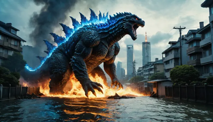 Godzilla의 어두운 판타지 : 170 미터의 거대는 8k 세부 사항, 도쿄에서 공포를 불러