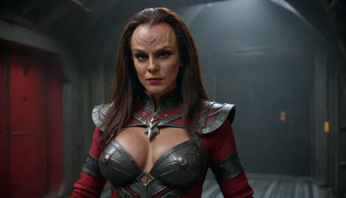 Klingon female, high hair, armor, belly showing, 6pack abs, ((cleavage:1)), dark skin, muscular statures, location on a Klingon Ship, possessing physical strength, breasts, cutout, clothing, nipples, <lora:Klingon-000005:.5>, <lora:2BoutOvalSDXL2-000002:.8>