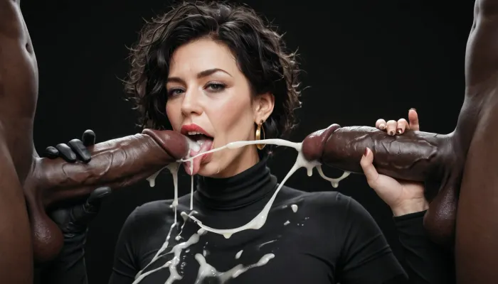 white curvy woman, (milf:1.3), extremely long black hair, messy hair, dark eyes, black jumpsuit with turtleneck, wearing black gloves. licking the head of a massive cock of a black african male, with a gigantic thick 25 inch penis, huge erection, handjob, grabbing the back of her head, cumshot on tongue, (ejaculation:1.2), excessive cum on body, cum on tongue, cum dripping from tongue, black room, black background.