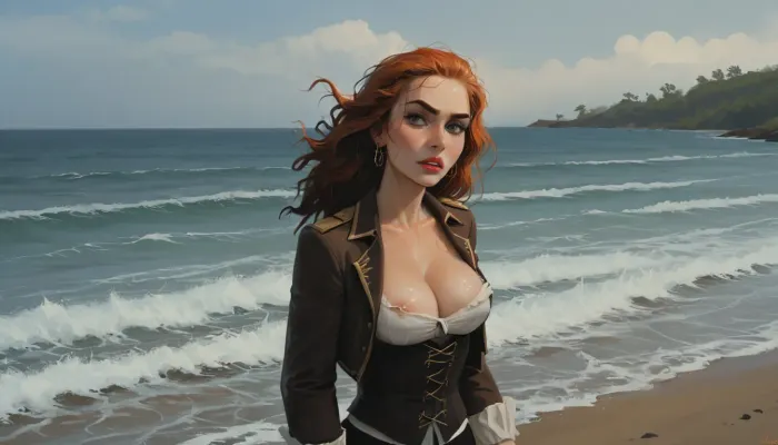 Pirate Queen — Helm in the Storm 17th-century pirate captain at the helm in a battered tricorn and undone linen shirt over a corset, upper torso and a hint of cleavage visible exposed boobs with nipples, wind-torn coat, wave-spray, dramatic storm lighting, rugged, incase, style, samdoesart, <lora:287175_training_data:1.5>, <lora:samdoesart_style_xl_v1:.5>, <lora:Animated_Concept:.5>, <lora:outline_xl_kohaku_delta_spv5x:.7>
