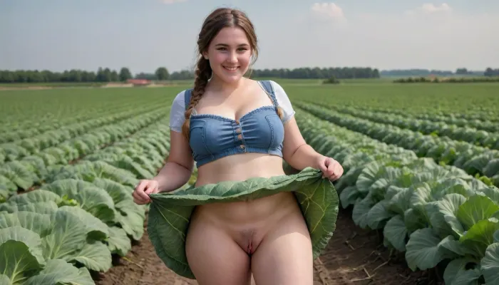 woman, Full body in view.outside, Wide field of view. in a cabbage field, The landscape of Dithmarschen, 25 year old chubby, huge breast, 5'11". Flat stomach. Thin face.braided hair. small strip of pubic Hair, farm dress. Standing. Face leaning forward. Smiling, skirtlift, pussy, legs, spread, <lora:skirtlift_xl:2>, <lora:NcyPussy_v05:.8>