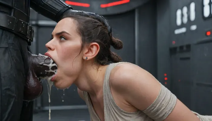 (Rey from Star Wars), (angry mad), (huge massive Darth Vader dick:1.4), (Darth Vader super white skin), (huge veiny wet dick), (((extreme painful creamy deepthroat))), ((cum)), (Star Wars starship background), <lora:Rey:2>