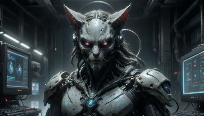 In the background of computer room, we can see screens with alien symbols, futuristic alien style, portrait, 3/4 view, male shapeshifting cyborg alien-cat, beardless, long ears, (elongated snout), cables as hair in a 'Predator' style, black eyes, very lot red luminous veins, lot blue luminous cables, black skin with light printed circuits, (luminous holograms), (small white electric arcs on the skin), very white rusty futuristic armor, B34ut1ful, 4ndr01d, cyborg, metal, gears, circuits, bioluminescent, detailed face, detailed armor, mecha, <lora:Beautiful_Android:1.5>, <lora:277457_training_data:2>, <lora:mecha-000009 (1):1.2>, ais-darkpartz, <lora:Dark_Particles_Style_SDXL:.8>