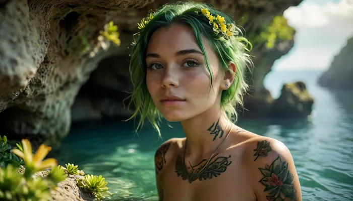 image has just green colors, A solo slim, flat-chested, beautiful naked 22 years old woman, green ocean cave, green sky, sunset, (green tattoos decorating the whole body), underwater cave, 1000 green flowers, bright green hair, green eyes, silent smile, deeply tanned, seductive, perfect face, perfect hands, sunlight_str1, cloudy, smoke, atmospheric, clouds, underwater, green grotto, cave, reef, Glowing, Flower, <lora:sunlight_str1-SDXL_v1-dim64-steps1691:.7>, <lora:Cloudy_Style:1>, <lora:MJ52:.6>, <lora:Underwater_Environment_v01-000002:1.3>, <lora:Glowing Transparent Flower:.8>