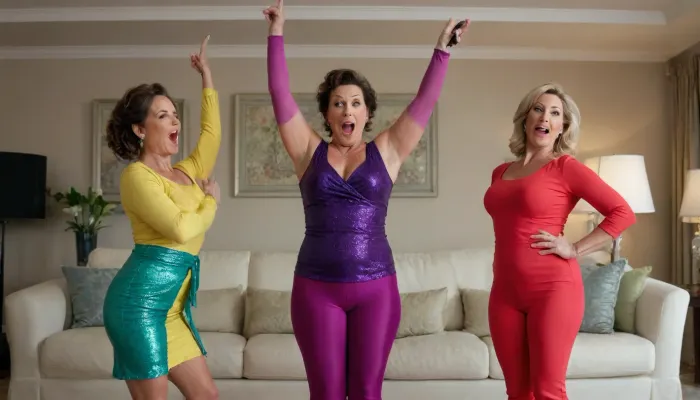 Two curvaceous mature housewives, (ugly), perform a perfect split in the living room, holding a microphone in one hand and singing in duet, the other arm stretched above their heads.