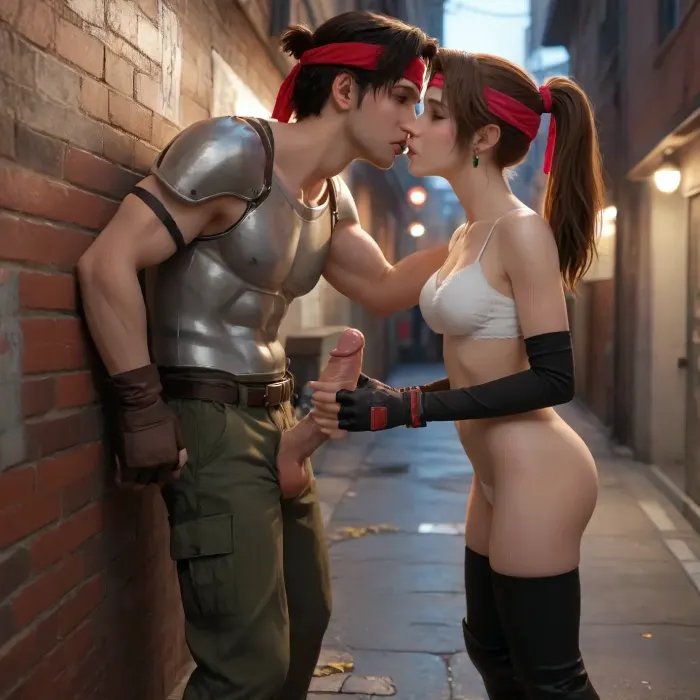 (Masterpice), (HD4K visual), (detailed background), 4K ultra-detailed image, HDR, enhancement, professional photography, precise anatomy, (perfect symmetry, 5 fingers per hand), realistic textures, maximum resolution, sharp focus, NSFW, picture, Jessie Rasberry from Final Fantasy VII with brown hair in a ponytail, a red headband, athletic body, chest armor from the game Final Fantasy VII, green baggy combat pants, metal, standing against wall, boots, happy expression, pushed against wall, one buff nude man, gigantic thick vainy penis, handjob, kissing in a alleyway, at night, neon shop signs lighting, focus face, close up, ff7, jessie, facial, expression, ratatatat74, incase, style, <lora:ff7 jessie:1.4>, <lora:Expressions XL:1.4>, <lora:ratatatat74-000050:.8>, <lora:287175_training_data:.8>
