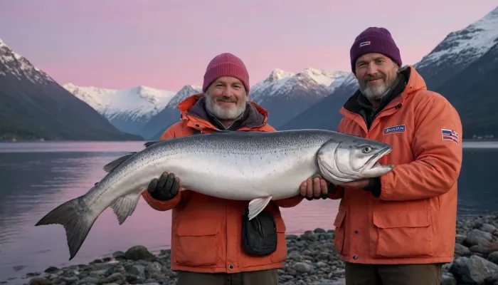 Two robust, middle-aged Norwegian fishermen with sun-tanned skin proudly display a gigantic Norwegian salmon on the shore of a frozen fjord at dusk, where the sky is painted in shades of pink, orange, and purple, reflecting in the calm waters. One of the fishermen, with a thick blond beard and a wool hat, holds the salmon in both hands, displaying its impressive size, while the other, with silver hair and a traditional fishing jacket, smiles contentedly. The salmon, silvery and glistening, with scales catching the last rays of the sun, seems almost unreal in its size. The setting is serene and evocative, with a soft glow illuminating the scene, creating an atmosphere of calm and contentment. The composition is a medium shot, focusing on the fishermen and the salmon, with the fjord and mountains in the background, creating an idyllic postcard. The style is realistic, with touches of impressionism, emphasizing the light and color of the sunset. Perfect hand, no noieen